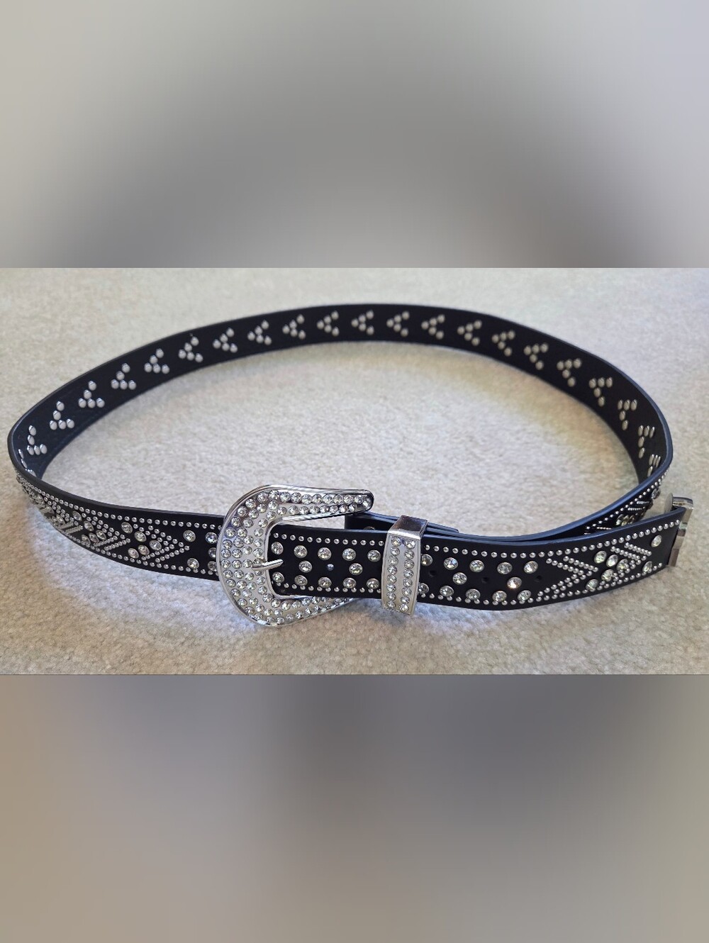Rhinestone Western-Style Black Belt with Silver Buckle